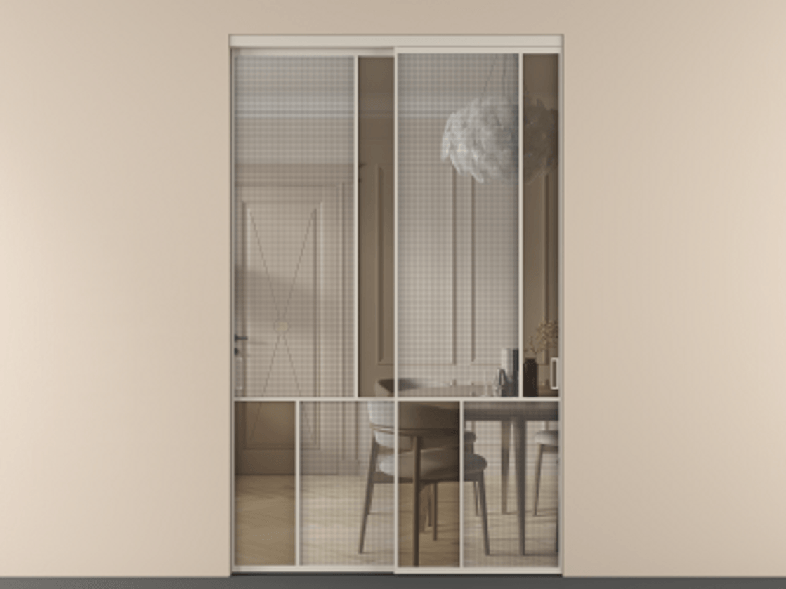 Перегородка Mosaic внутри проёма двустворчатая АЛПР 041.21 Алюминий светло-бежевый Декоративное стекло с сеткой "Mesh silver", триплекс, 6 мм + Прозрачное бронзовое стекло, триплекс, 6 мм.  Цена 239240 ₽ . Фабрика дверей Волховец 8 (800) 551 43 19  Перегородка Mosaic внутри проёма двустворчатая АЛПР 041.21 Алюминий светло-бежевый Декоративное стекло с сеткой "Mesh silver", триплекс, 6 мм + Прозрачное бронзовое стекло, триплекс, 6 мм Цена 239240 ₽ | Volhovec