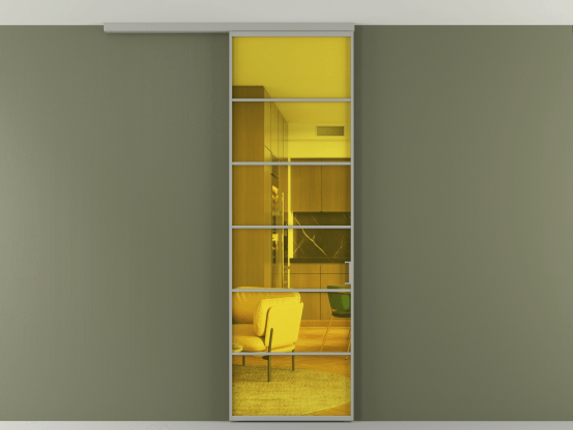 Перегородка Formato вдоль стены на потолок 1 створка АЛПР 040.04 Алюминий нейтральный серый Прозрачное жёлтое стекло, триплекс Цена 107852 ₽ | Volhovec