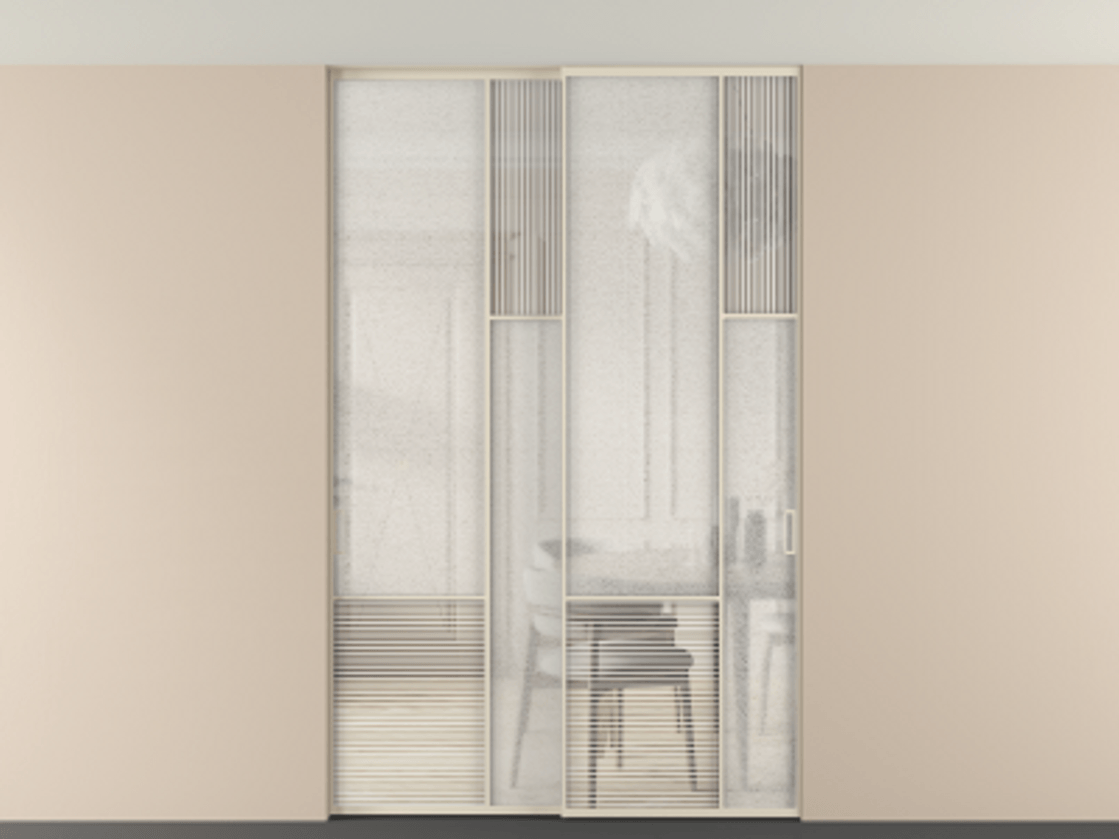 Перегородка Мозаик внутри проёма скрытое крепление в потолок 2 створки АЛПР 041.12 Алюминий бежево-серый Рифлёное стекло "Дюна", триплекс, 6 мм + Фактурное стекло "Лёд", триплекс Цена 2296870 AMD | Volhovec