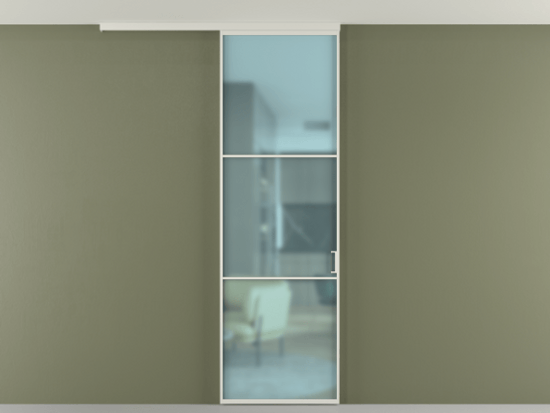 Перегородка Формато вдоль стены на потолок 1 створка АЛПР 040.03 Алюминий Белый Сатинированное голубое стекло, триплекс Цена 628500 AMD | Volhovec