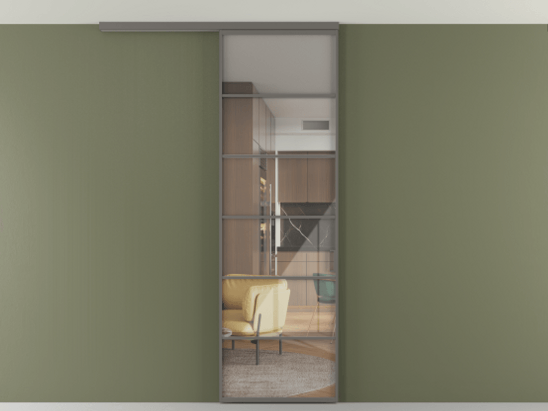 Перегородка Формато вдоль стены на потолок 1 створка АЛПР 040.04 Алюминий классический серый Рефлективное прозрачное стекло "Стопсол", калёное Цена 770520 AMD | Volhovec