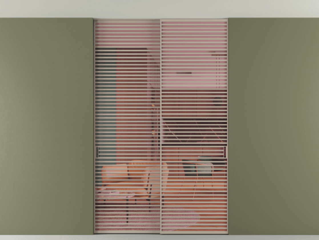 Перегородка Formato внутри проёма скрытое крепление в потолок 2 створки АЛПР 040.07 Алюминий бисквитный Прозрачное розовое стекло, триплекс Цена 2764500 AMD | Volhovec