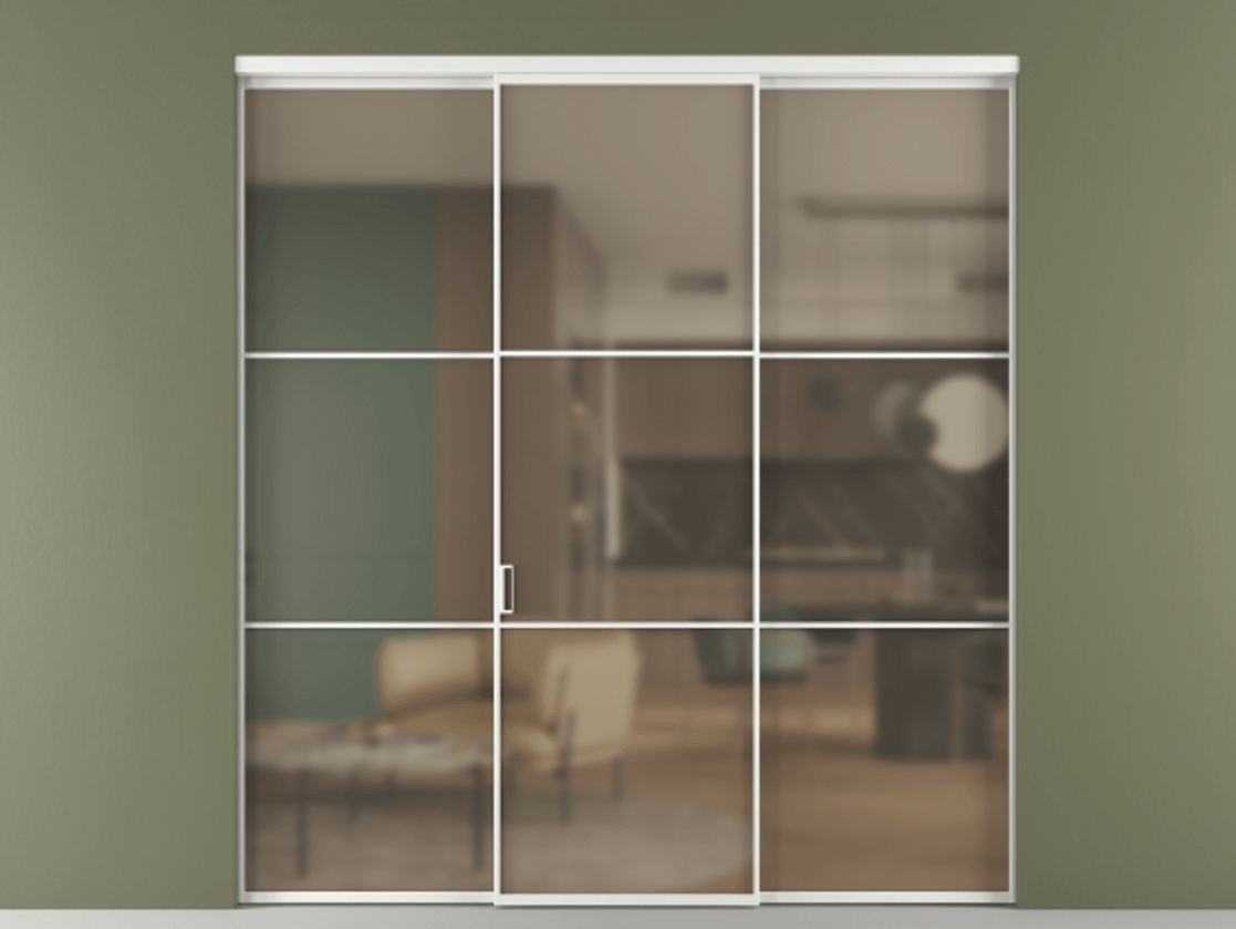 Перегородка Формато внутри проёма 3 створки АЛПР 040.03 Алюминий белоснежный Сатинированное бронзовое стекло, триплекс Цена 1600180 AMD | Volhovec