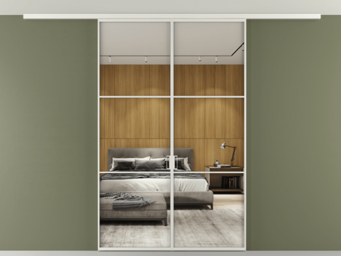 Перегородка Формато вдоль стены на потолок 2 створки АЛПР 040.03 Алюминий серый Двустороннее зеркало, триплекс , триплекс 6 мм Цена 1537090 AMD | Volhovec