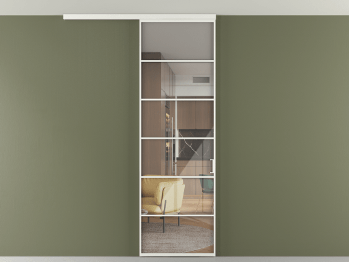 Перегородка Формато вдоль стены на потолок 1 створка АЛПР 040.04 Алюминий светло-серый Рефлективное прозрачное стекло "Стопсол", калёное Цена 134090 ₽ | Volhovec