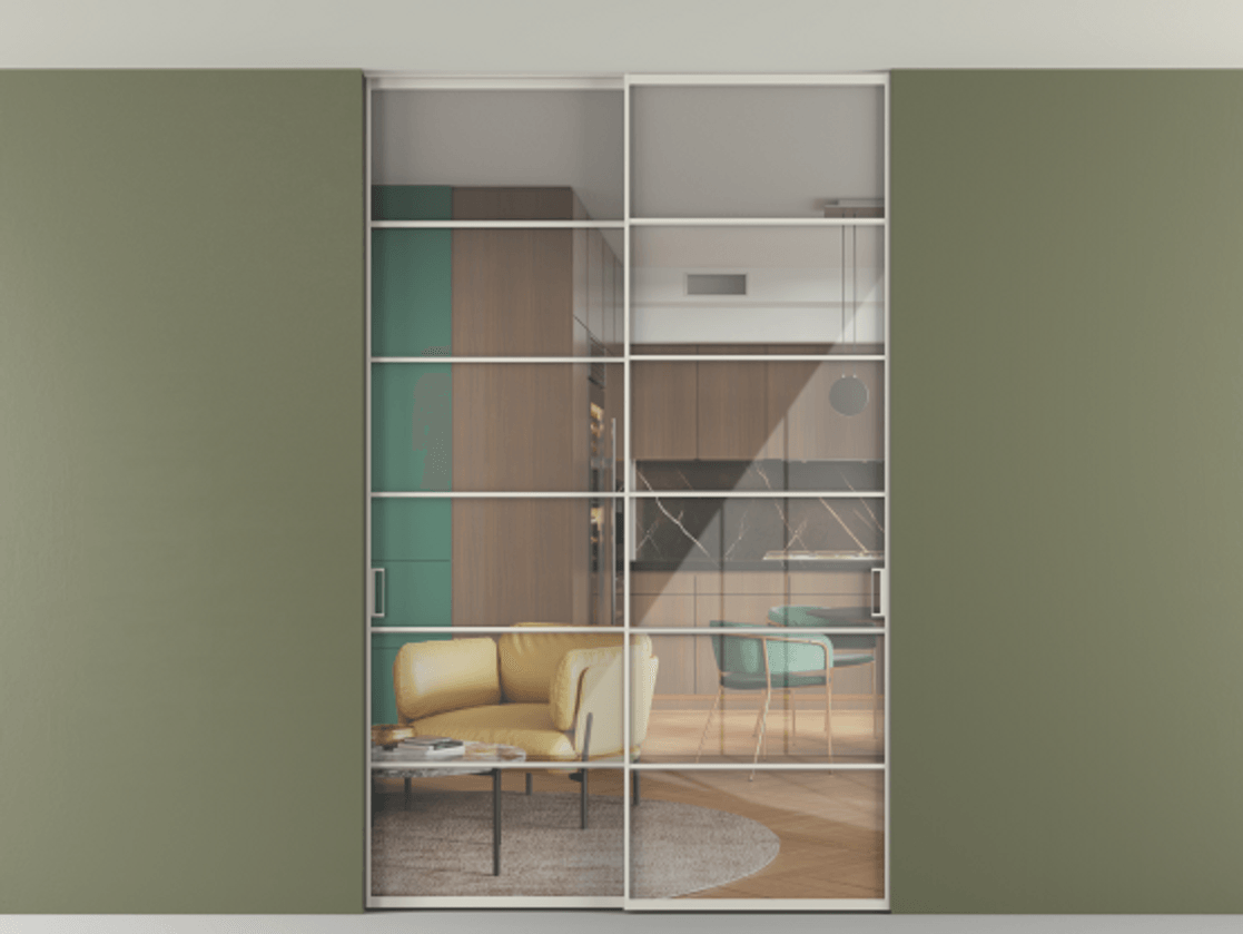 Перегородка Formato внутри проёма скрытое крепление в потолок 2 створки АЛПР 040.04 Алюминий облачно-серый Рефлективное прозрачное стекло "Stopsol", калёное Цена 2176150 AMD | Volhovec