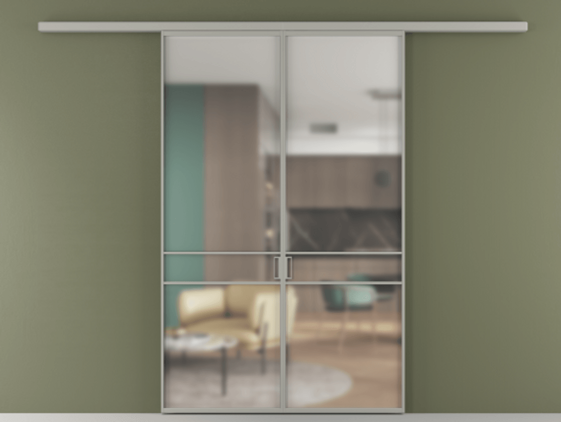 Перегородка Формато вдоль стены 2 створки АЛПР 040.02 Алюминий нейтральный серый Сатинированное стекло "Мателюкс Кристал Вижн", калёное, матовое, каленое 6 мм Цена 1455090 AMD | Volhovec