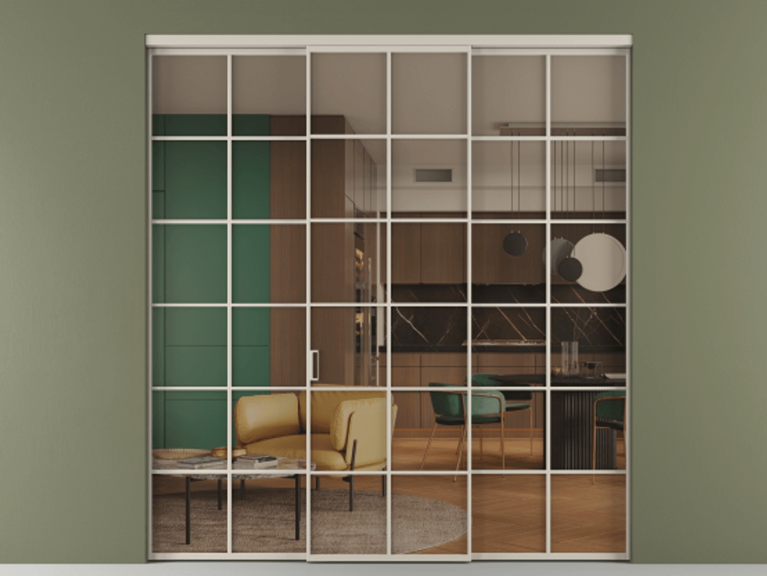 Перегородка Formato внутри проёма 3 створки АЛПР 040.05 Алюминий светло-бежевый Прозрачное бронзовое стекло, триплекс Цена 1718540 AMD | Volhovec