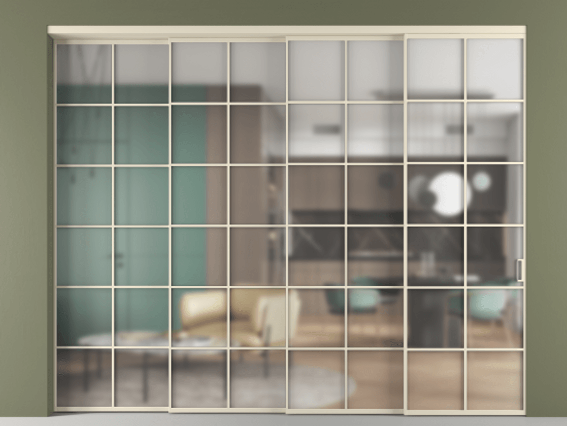 Перегородка Формато внутри проёма 4 створки с синхронным механизмом АЛПР 040.05 Алюминий бежево-серый Сатинированное стекло "Мателюкс Кристал Вижн", калёное, матовое, каленое 6 мм. Цена 3468300 AMD 1. Полотно 4 шт. (800/2100 мм)
2. Комплект установки раздвижной системы
3. Базовый комплект фурнитуры
4. Комплект фурнитуры телескопик синхро-3
5. Ручка Рондо. Фабрика дверей Волховец 8 (800) 551 43 19 Перегородка Формато внутри проёма 4 створки с синхронным механизмом АЛПР 040.05 Алюминий бежево-серый Сатинированное стекло "Мателюкс Кристал Вижн", калёное, матовое, каленое 6 мм Цена 3468300 AMD | Volhovec