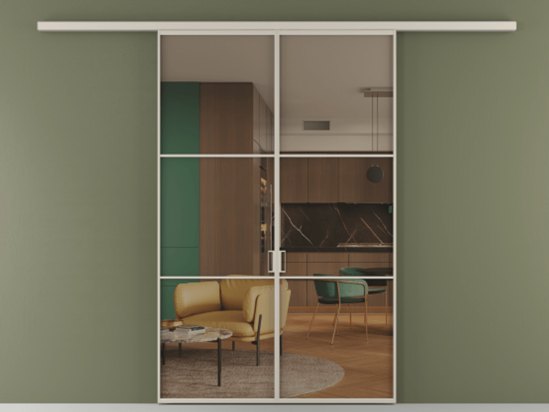 Перегородка Формато вдоль стены 2 створки АЛПР 040.03 Алюминий светло-бежевый Прозрачное бронзовое стекло, триплекс Цена 1318110 AMD | Volhovec