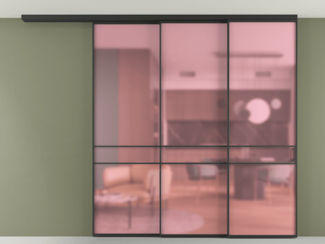 Перегородка Formato вдоль стены на потолок 3 створки с синхронным механизмом АЛПР 040.02 Алюминий Черный Сатинированное розовое стекло, триплекс Цена 2544900 AMD | Volhovec