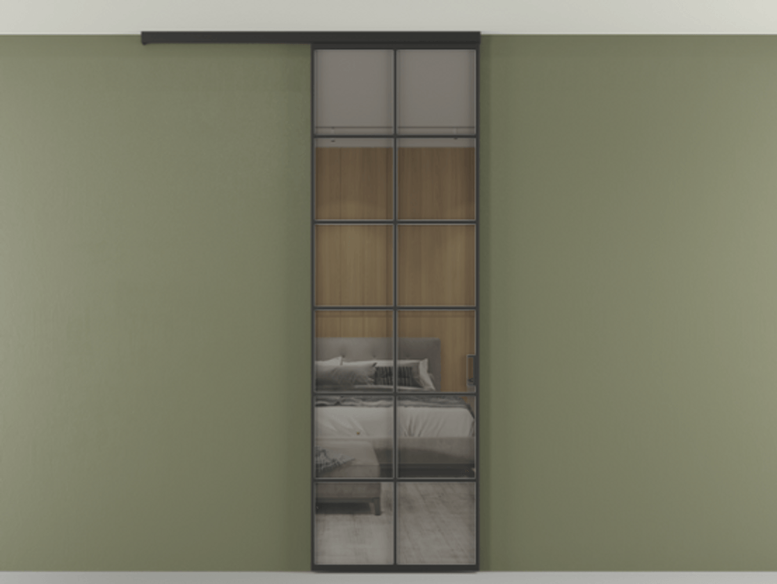 Перегородка Formato вдоль стены на потолок одностворчатая АЛПР 040.05 Алюминий Черный Рефлективное серое стекло "Stopsol", калёное, 6 мм Цена 823040 AMD | Volhovec