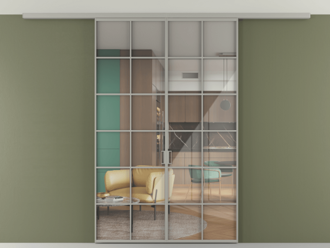 Перегородка Формато вдоль стены на потолок 2 створки АЛПР 040.05 Алюминий нейтральный серый Рефлективное прозрачное стекло "Стопсол", калёное Цена 1493150 AMD | Volhovec