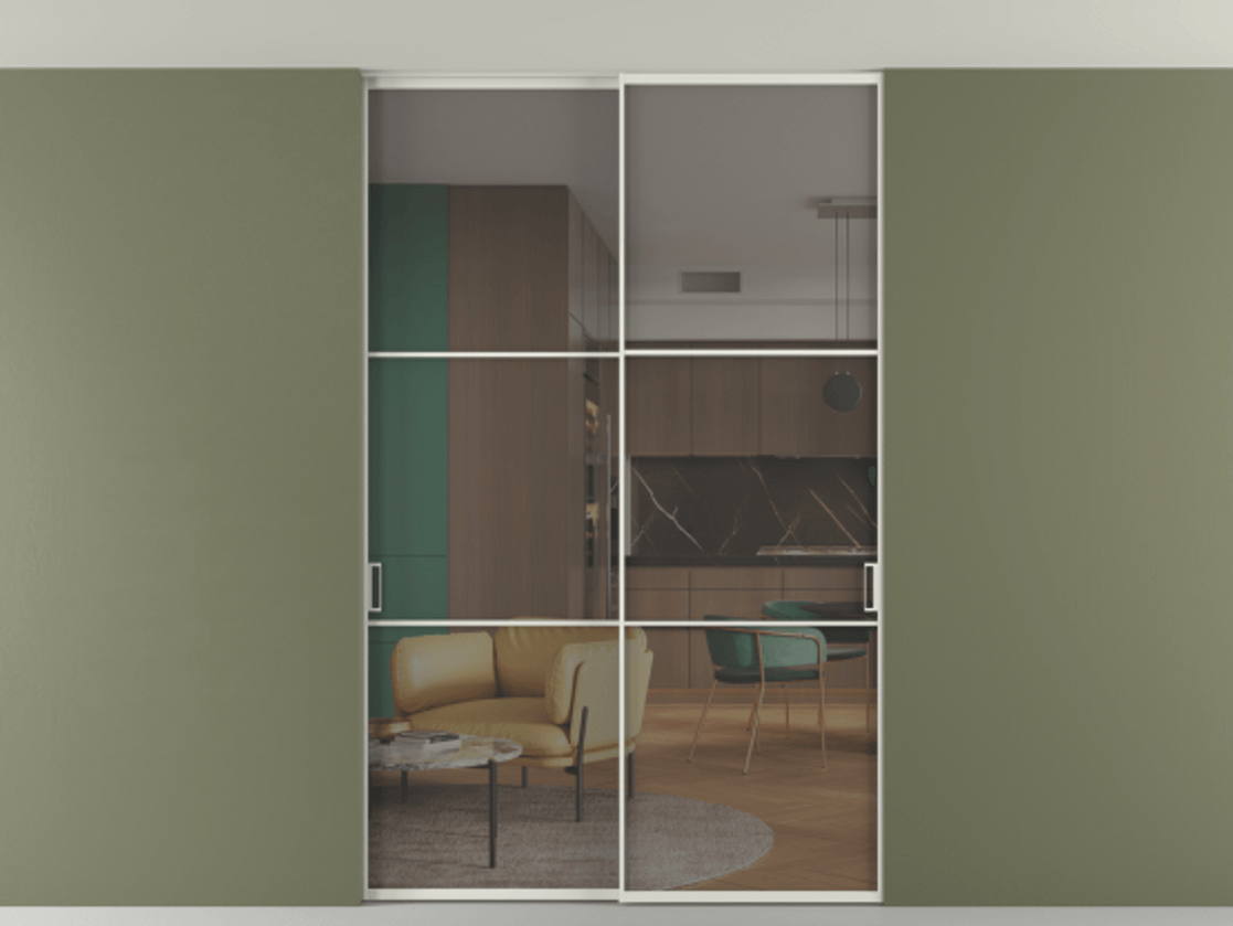 Перегородка Формато внутри проёма скрытое крепление в потолок 2 створки АЛПР 040.03 Алюминий серый Прозрачное серое стекло, триплекс Цена 1800860 AMD | Volhovec