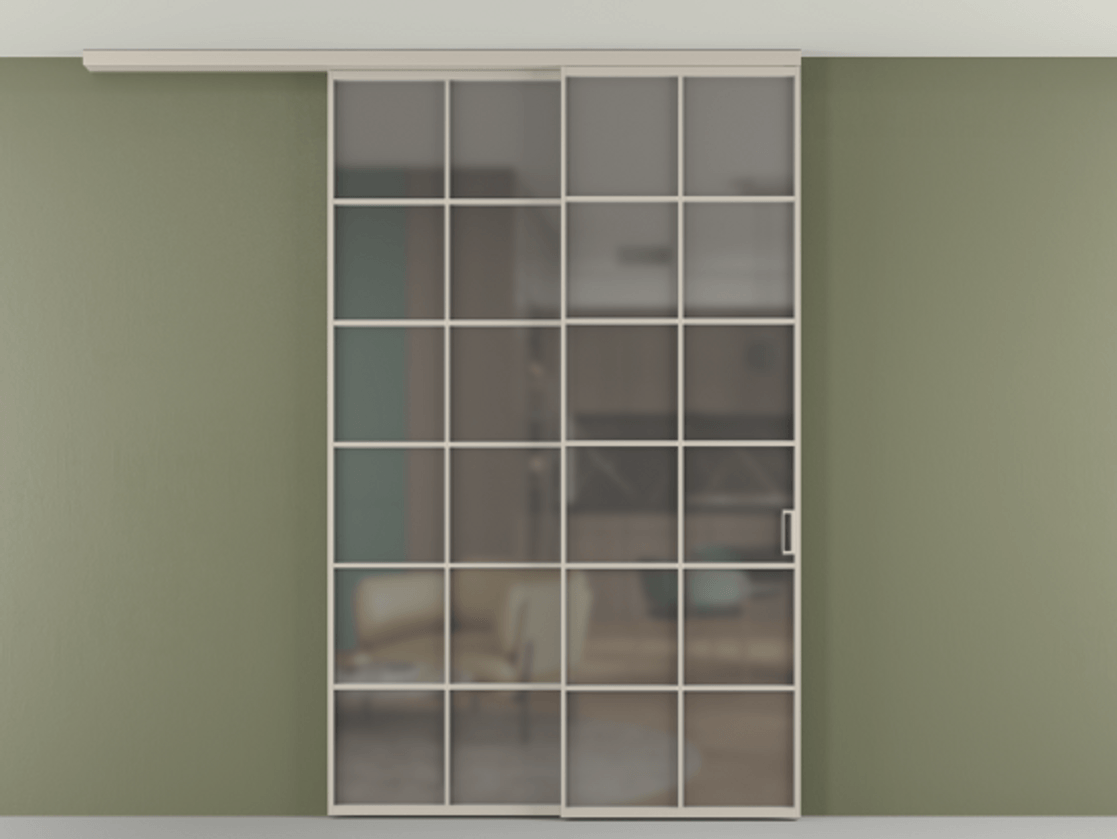 Перегородка Формато вдоль стены на потолок 2 створки с синхронным механизмом АЛПР 040.05 Алюминий светло-бежевый Сатинированное серое стекло, триплекс Цена 1967250 AMD | Volhovec