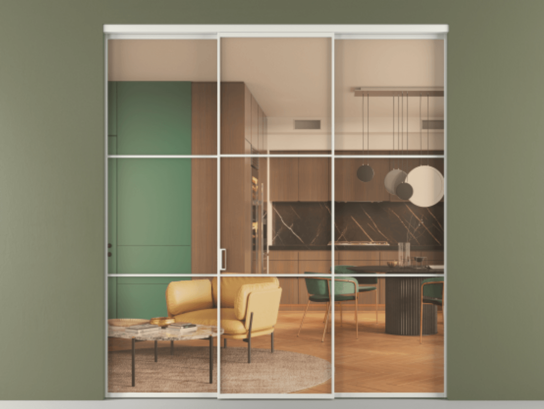 Перегородка Формато внутри проёма 3 створки АЛПР 040.03 Алюминий серый Прозрачное оранжевое стекло, триплекс Цена 1676200 AMD | Volhovec