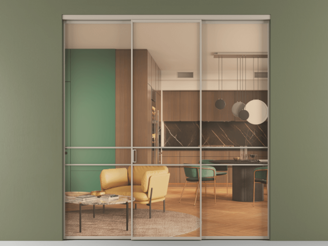 Перегородка Формато внутри проёма 3 створки АЛПР 040.02 Алюминий бисквитный Прозрачное оранжевое стекло, триплекс Цена 1600200 AMD | Volhovec