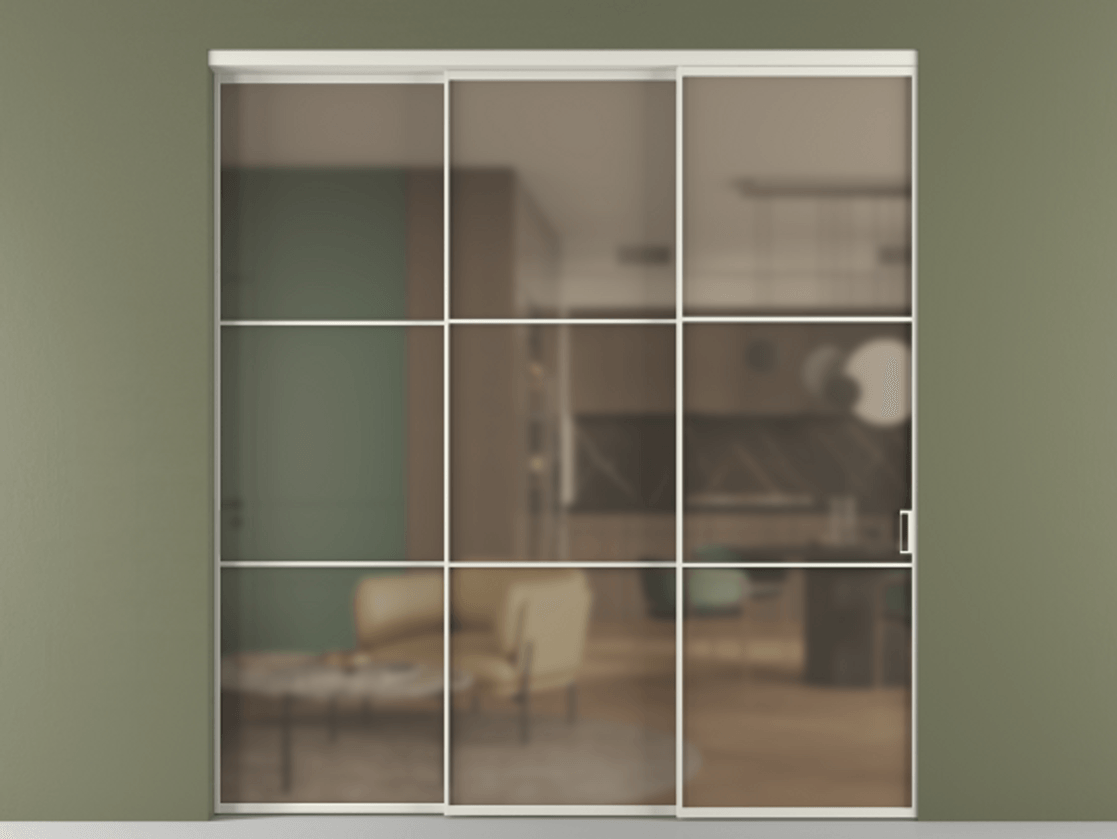 Перегородка Formato внутри проёма телескопик синхро 2 АЛПР 040.03 Алюминий Белый Сатинированное бронзовое стекло, триплекс Цена 328600 ₽  | Volhovec