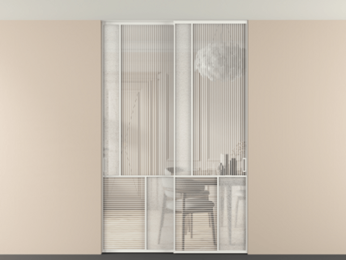 Перегородка Мозаик внутри проёма скрытое крепление в потолок 2 створки АЛПР 041.20 Алюминий светло-серый Рифлёное стекло "Дюна", триплекс, 6 мм + Фактурное стекло "Лёд", триплекс Цена 2296870 AMD | Volhovec