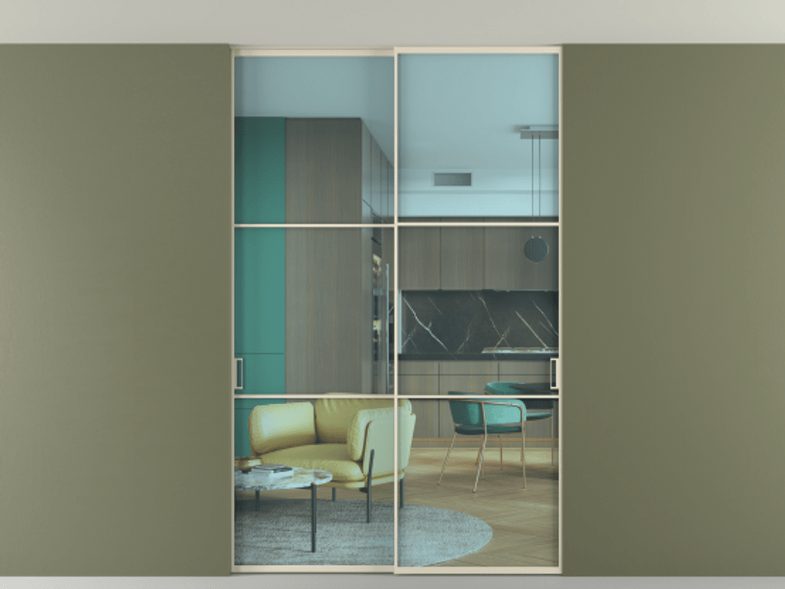 Перегородка Формато внутри проёма скрытое крепление в потолок 2 створки АЛПР 040.03 Алюминий бежево-серый Прозрачное голубое стекло, триплекс Цена 50387650 so'm | Volhovec