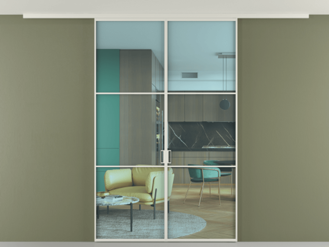 Перегородка Формато вдоль стены на потолок 2 створки АЛПР 040.03 Алюминий Белый Прозрачное голубое стекло, триплекс Цена 1211100 AMD | Volhovec