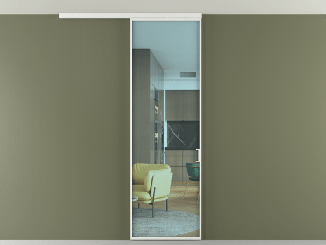 Перегородка Формато вдоль стены на потолок 1 створка АЛПР 040.01 Алюминий белоснежный Прозрачное голубое стекло, триплекс Цена 623200 AMD | Volhovec