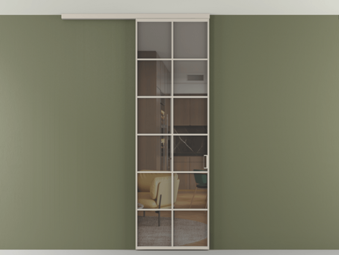 Перегородка Формато вдоль стены на потолок 1 створка АЛПР 040.05 Алюминий светло-бежевый Прозрачное серое стекло, триплекс Цена 157030 сом | Volhovec