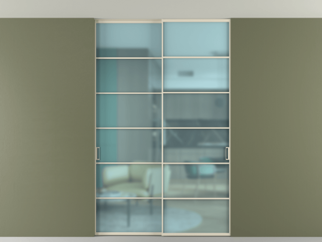 Перегородка Формато внутри проёма скрытое крепление в потолок 2 створки АЛПР 040.04 Алюминий бежево-серый Сатинированное голубое стекло, триплекс Цена 1760800 AMD | Volhovec