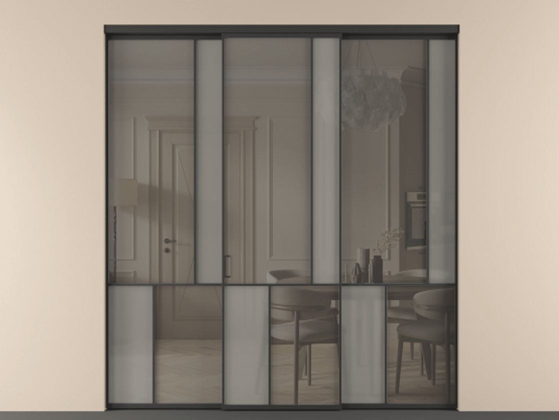 Перегородка Mosaic внутри проёма трёхстворчатая АЛПР 041.21 Алюминий Черный Сатинированное серое стекло, триплекс, 6 мм + Прозрачное серое стекло, триплекс, 6 мм Цена 308440 ₽ | Volhovec