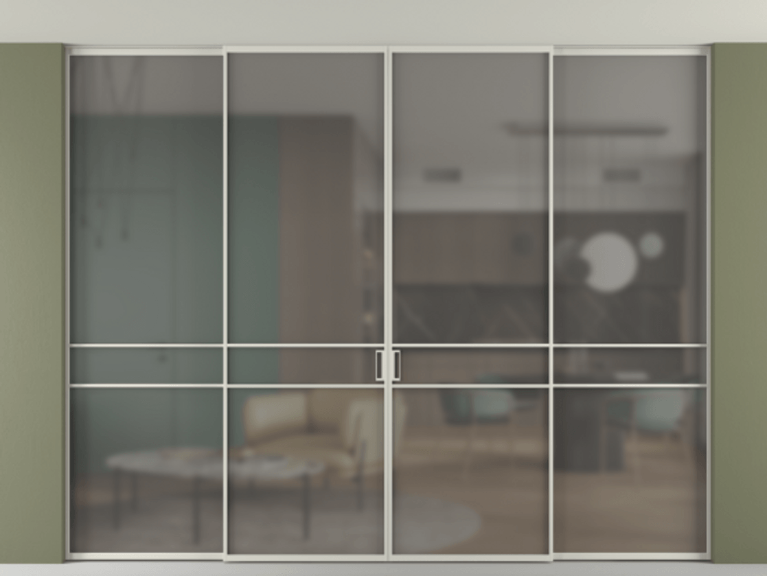 Перегородка Формато внутри проёма скрытое крепление в потолок 4 створки АЛПР 040.02 Алюминий тёплый серый Сатинированное серое стекло, триплекс Цена 2970930 AMD | Volhovec