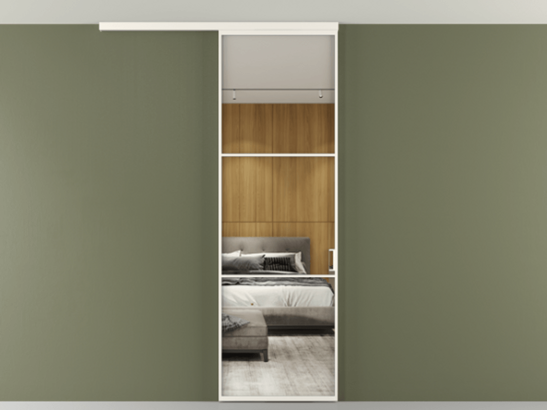 Перегородка Формато вдоль стены на потолок 1 створка АЛПР 040.03 Алюминий пудровый белый Двустороннее зеркало, триплекс , триплекс 6 мм Цена 653210 AMD | Volhovec