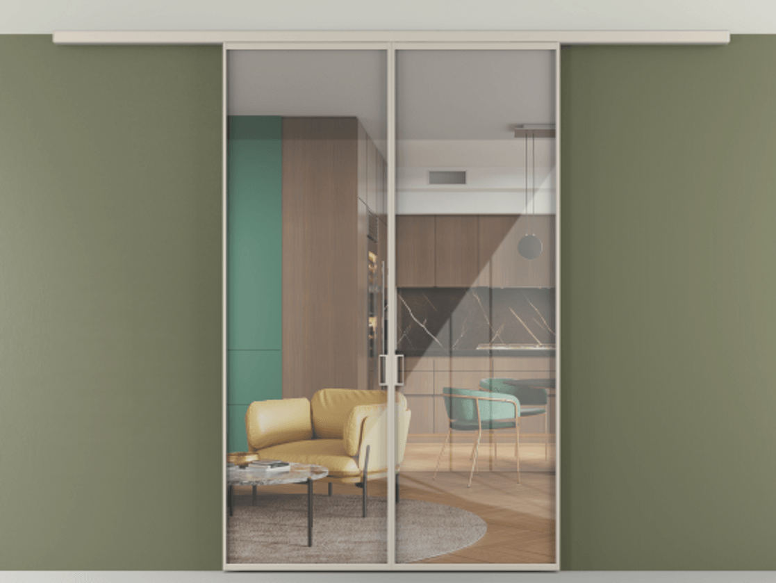 Перегородка Формато вдоль стены на потолок 2 створки АЛПР 040.01 Алюминий светло-бежевый Рефлективное прозрачное стекло "Стопсол", калёное Цена 1336470 AMD | Volhovec