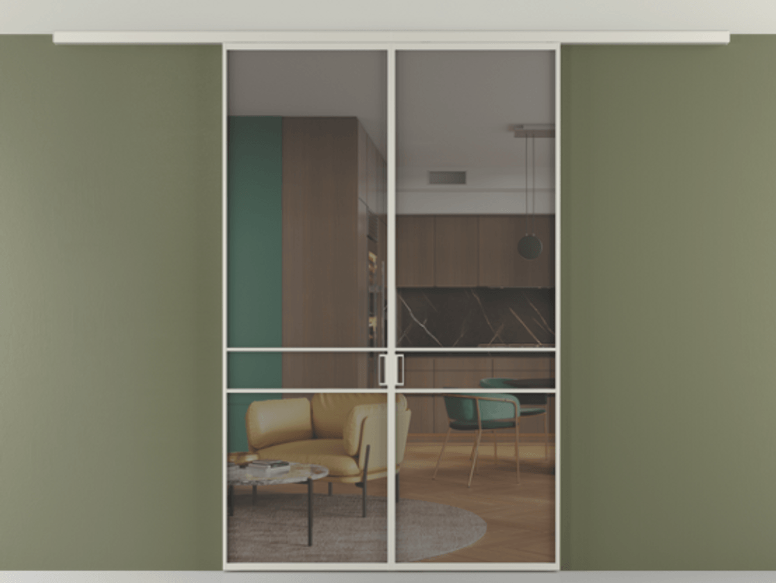 Перегородка Формато вдоль стены на потолок 2 створки АЛПР 040.02 Алюминий тёплый серый Прозрачное серое стекло, триплекс Цена 1537090 AMD | Volhovec