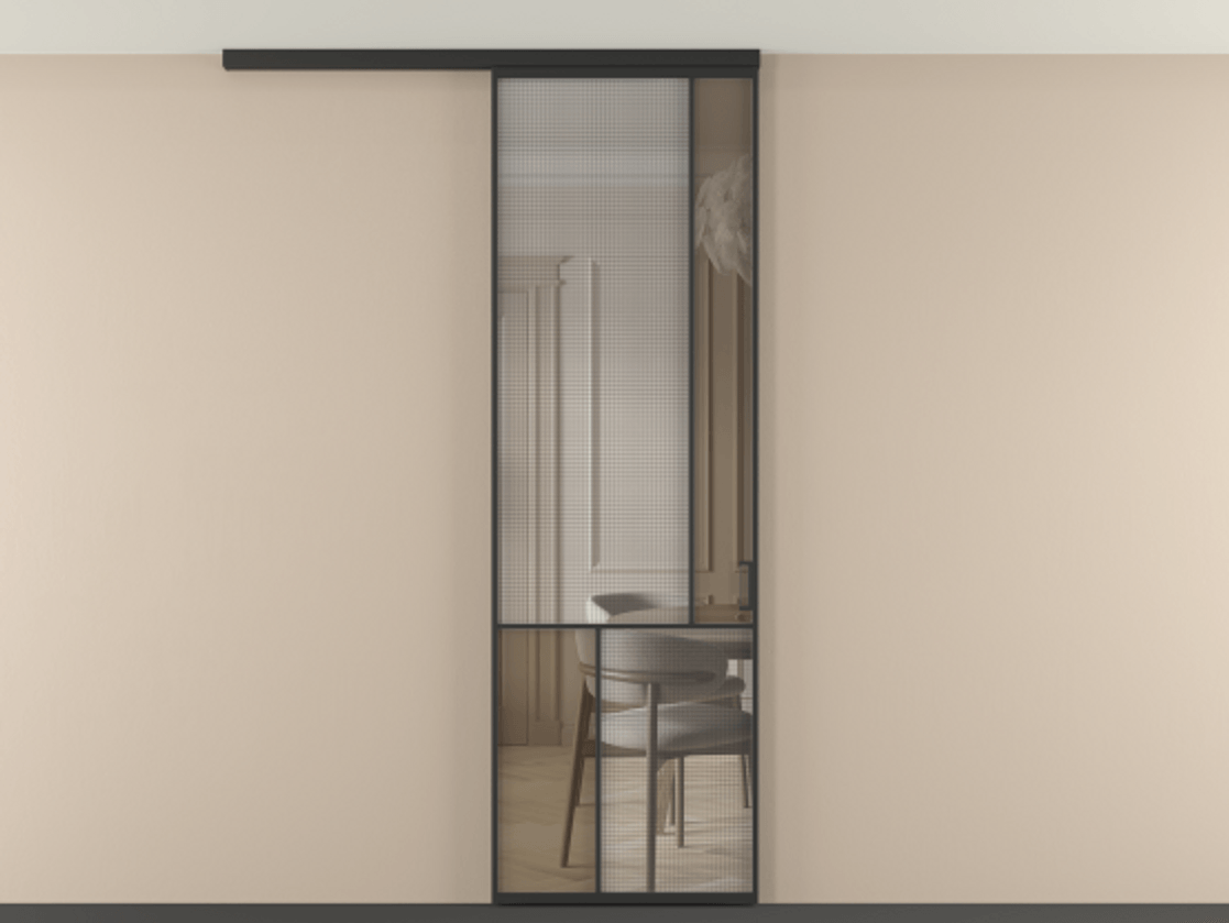 Перегородка Mosaic вдоль стены на потолок одностворчатая АЛПР 041.21 Алюминий Черный Декоративное стекло с сеткой "Mesh silver", триплекс, 6 мм + Прозрачное бронзовое стекло, триплекс Цена 914220 AMD | Volhovec