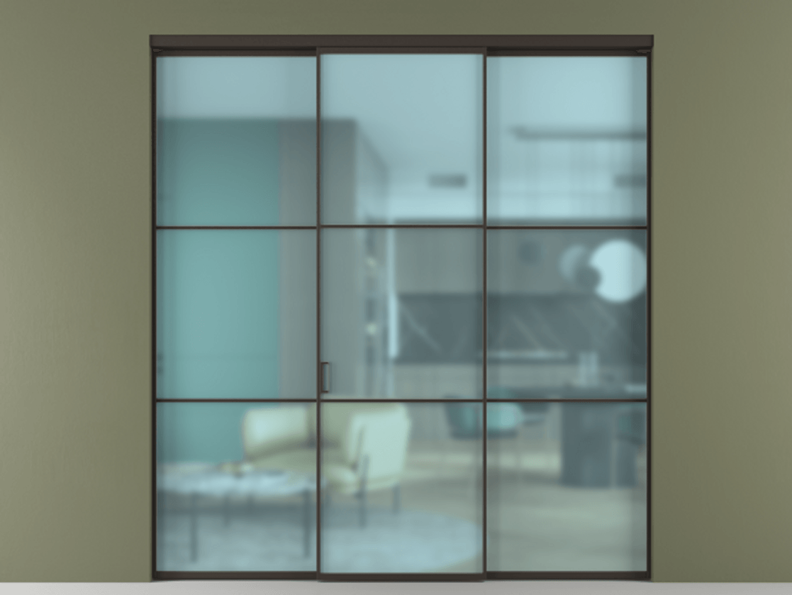 Перегородка Формато внутри проёма 3 створки АЛПР 040.03 Алюминий антрацит Сатинированное голубое стекло, триплекс Цена 1600200 AMD | Volhovec