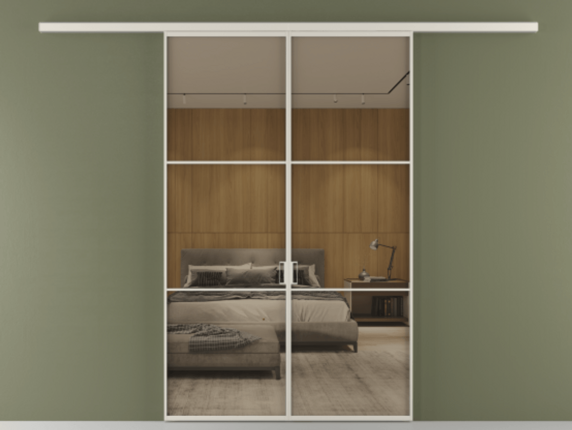 Перегородка Формато вдоль стены 2 створки АЛПР 040.03 Алюминий облачно-серый Рефлективное бронзовое стекло "Стопсол", калёное Цена 1679260 AMD | Volhovec