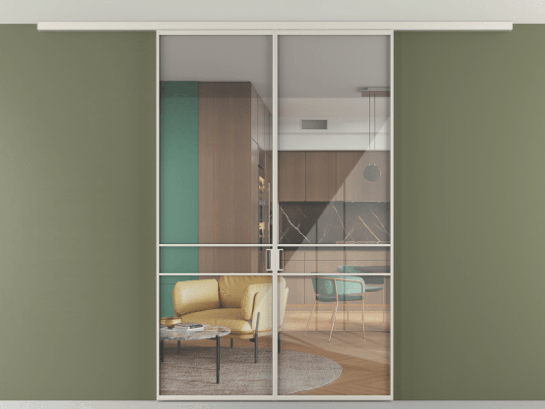 Перегородка Формато вдоль стены на потолок 2 створки АЛПР 040.02 Алюминий облачно-серый Рефлективное прозрачное стекло "Стопсол", калёное Цена 1400570 AMD | Volhovec