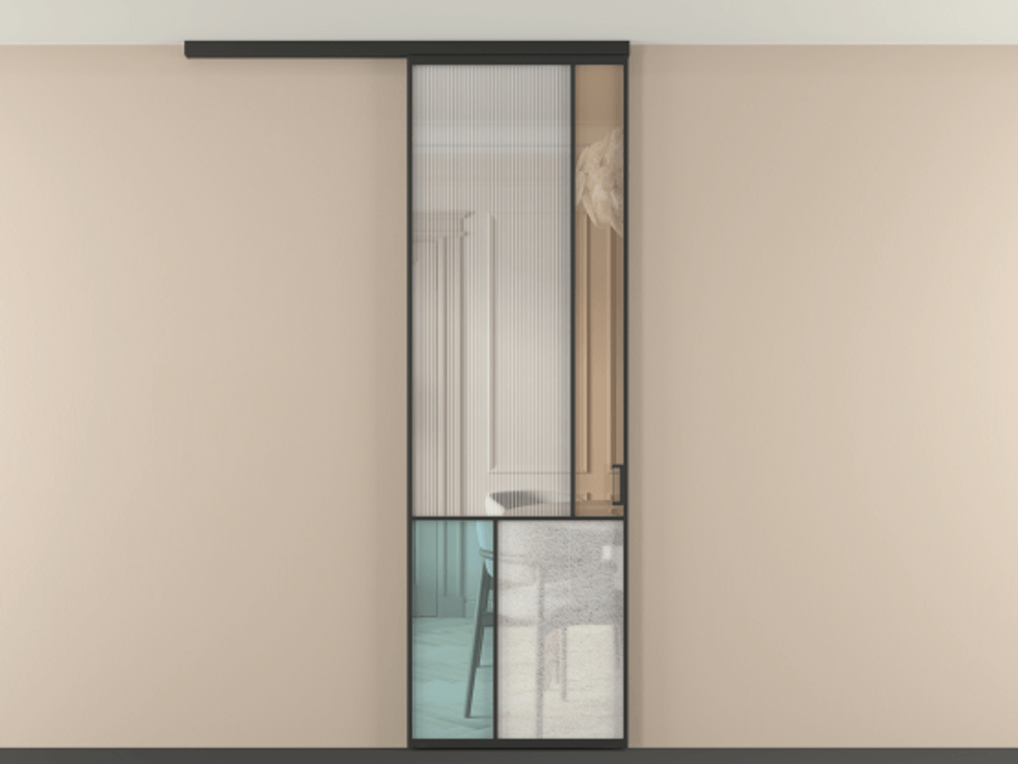 Перегородка Mosaic вдоль стены на потолок 1 створка АЛПР 041.21 Алюминий Черный Комбинация стекол Группы 1 и Группы 3 Цена 914200 AMD | Volhovec