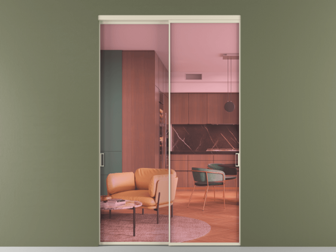 Перегородка Формато внутри проёма 2 створки АЛПР 040.01 Алюминий бежево-серый Прозрачное розовое стекло, триплекс Цена 2809900 AMD  | Volhovec