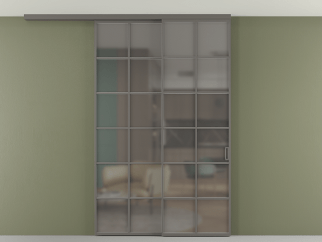 Перегородка Формато вдоль стены на потолок 2 створки с синхронным механизмом АЛПР 040.05 Алюминий классический серый Сатинированное серое стекло, триплекс Цена 1967250 AMD | Volhovec