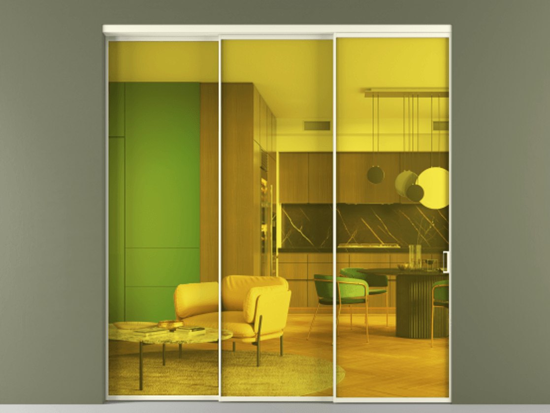 Перегородка Formato внутри проёма 3 створки с синхронным механизмом АЛПР 040.01 Алюминий молочно-белый Прозрачное жёлтое стекло, триплекс Цена 2236200 AMD  | Volhovec