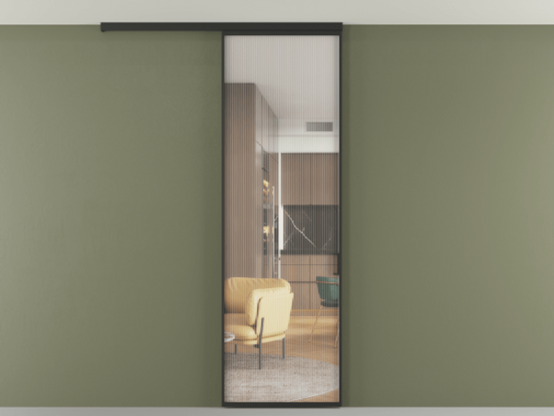 Перегородка Формато вдоль стены на потолок 1 створка АЛПР 040.01 Алюминий Черный Рифлёное стекло "Мору", триплекс Цена 639990 AMD | Volhovec