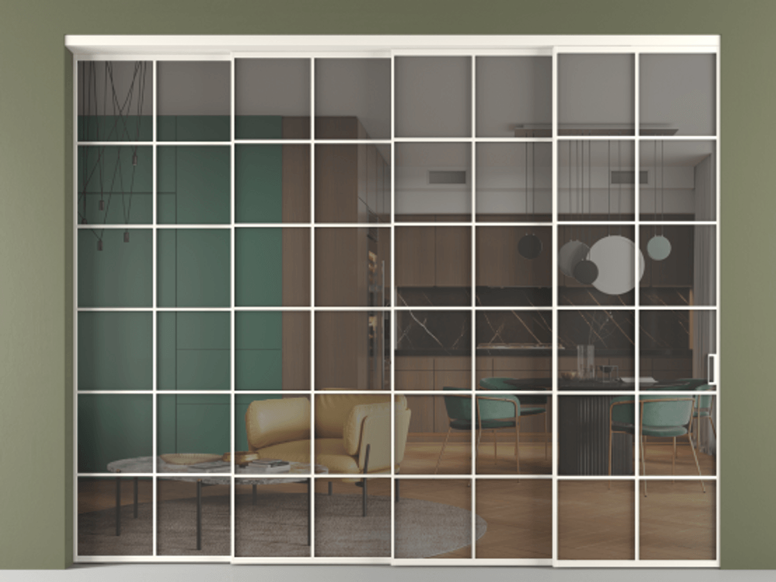 Перегородка Формато внутри проёма 4 створки с синхронным механизмом АЛПР 040.05 Алюминий пудровый белый Прозрачное серое стекло, триплекс Цена 3295660 AMD | Volhovec