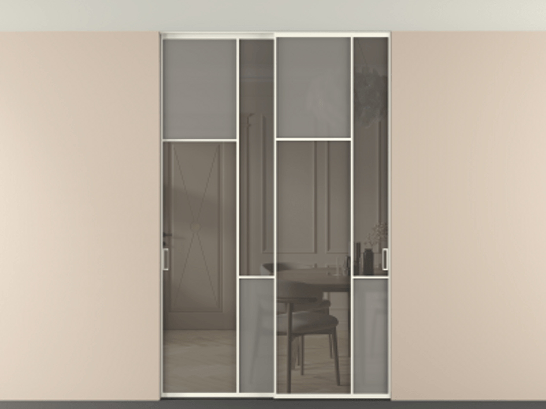 Перегородка Мозаик внутри проёма скрытое крепление в потолок 2 створки АЛПР 041.10 Алюминий жемчужный Сатинированное серое стекло, триплекс, 6 мм + Прозрачное серое стекло, триплекс Цена 2188970 AMD | Volhovec