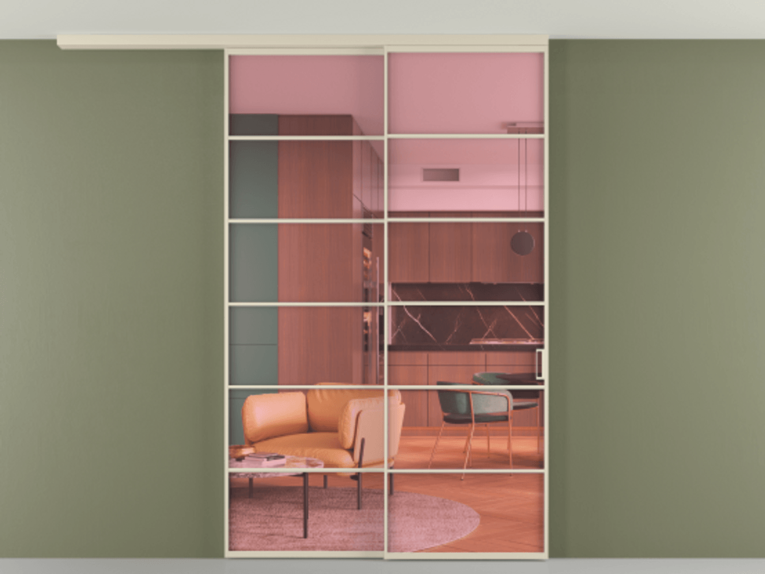 Перегородка Formato вдоль стены на потолок 2 створки с синхронным механизмом АЛПР 040.04 Алюминий бежево-серый Прозрачное розовое стекло, триплекс Цена 2213300 AMD | Volhovec