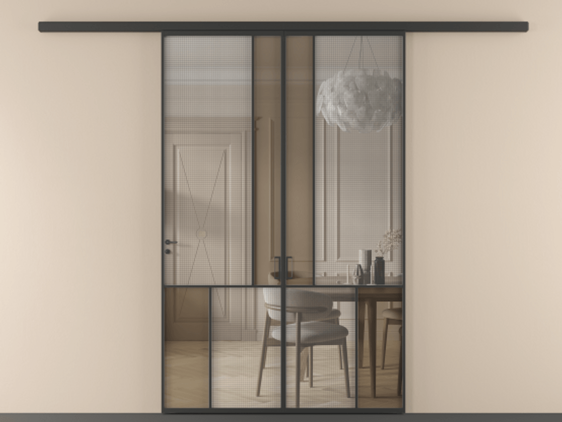 Перегородка Mosaic вдоль стены двустворчатая АЛПР 041.20 Алюминий Черный Декоративное стекло с сеткой "Mesh silver", триплекс, 6 мм + Прозрачное бронзовое стекло, триплекс Цена 276720 ₽ | Volhovec