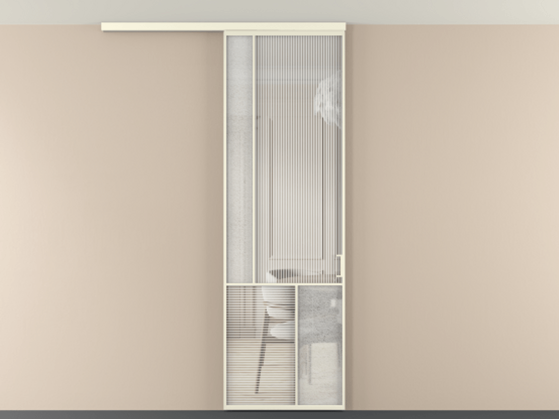 Перегородка Мозаик вдоль стены на потолок 1 створка АЛПР 041.20 Алюминий молочно-белый Рифлёное стекло "Дюна", триплекс, 6 мм + Фактурное стекло "Лёд", триплекс Цена 964660 AMD | Volhovec