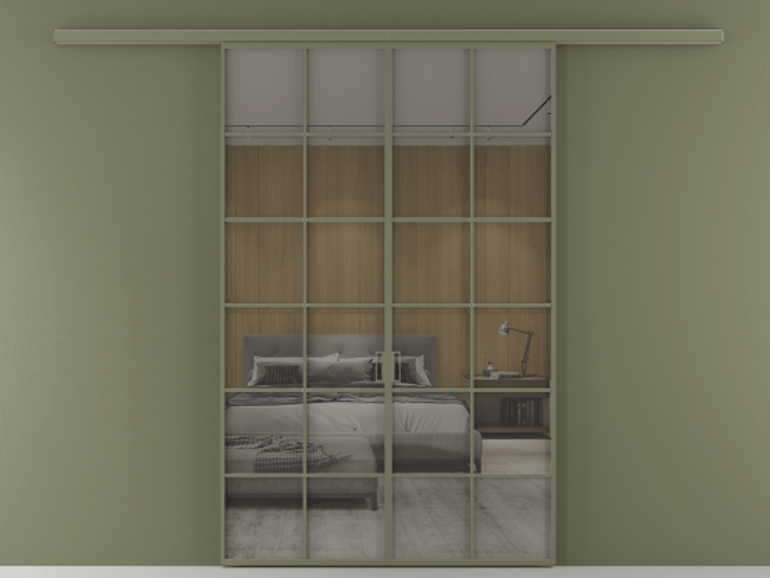 Перегородка Формато вдоль стены 2 створки АЛПР 040.05 Алюминий оливковый тёмный Рефлективное серое стекло "Стопсол", калёное Цена 1784460 AMD | Volhovec