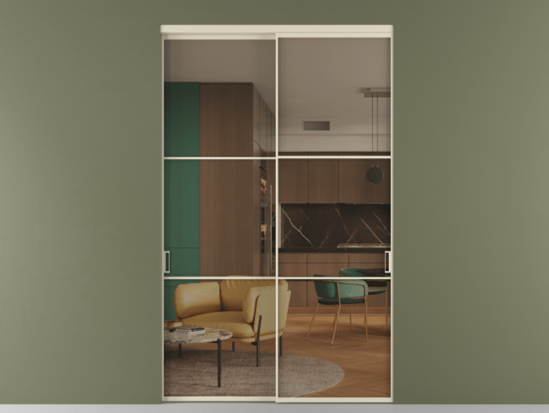 Перегородка Формато внутри проёма 2 створки АЛПР 040.03 Алюминий бежево-серый Прозрачное бронзовое стекло, триплекс Цена 2864510 AMD  | Volhovec