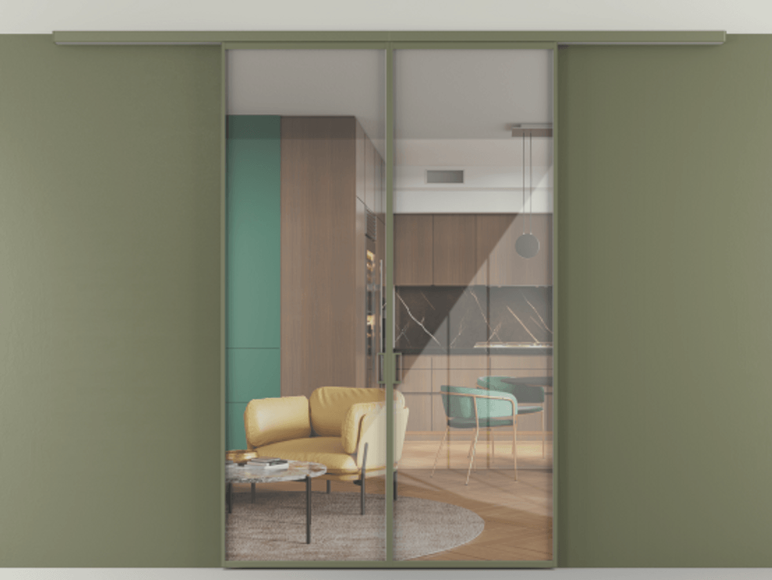 Перегородка Формато вдоль стены на потолок 2 створки АЛПР 040.01 Алюминий оливковый тёмный Рефлективное прозрачное стекло "Стопсол", калёное Цена 1336470 AMD | Volhovec